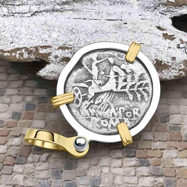 Roman Republic Silver Denarius 125 BC Roma & Libertas 14K Gold and Sterling Silver Pendant