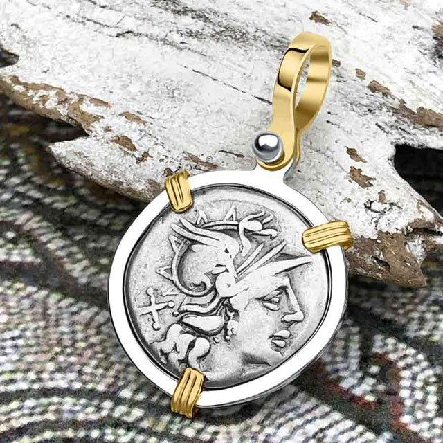 Roman Republic Silver Denarius 149 BC Roma and Victory 14K Gold and Sterling Silver Pendant