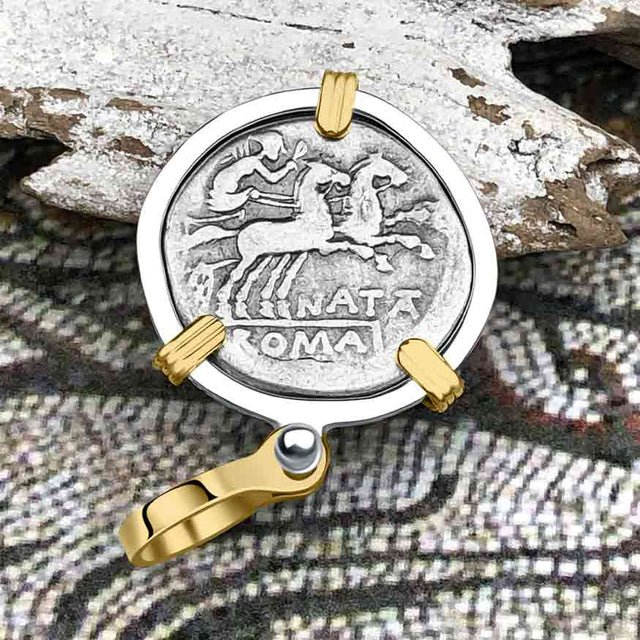 Roman Republic Silver Denarius 149 BC Roma and Victory 14K Gold and Sterling Silver Pendant