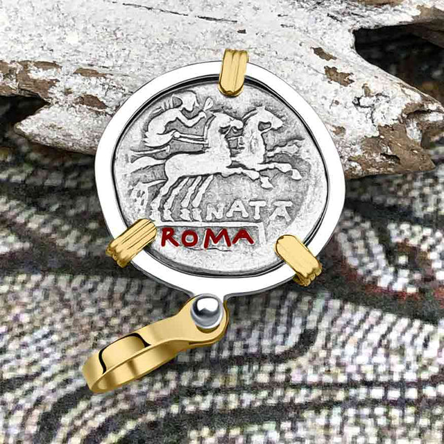 Roman Republic Silver Denarius 149 BC Roma and Victory 14K Gold and Sterling Silver Pendant