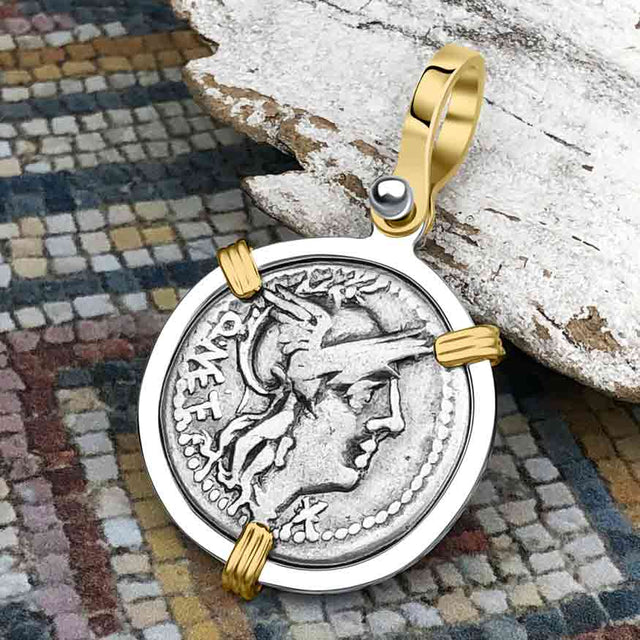 Roman Republic Silver Denarius 130 BC Jupiter and Roma 14K Gold and Sterling Silver Pendant