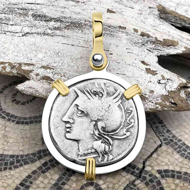 Roman Republic Silver Denarius 104 BC Roma & Saturn 14K Gold & Sterling Silver Pendant