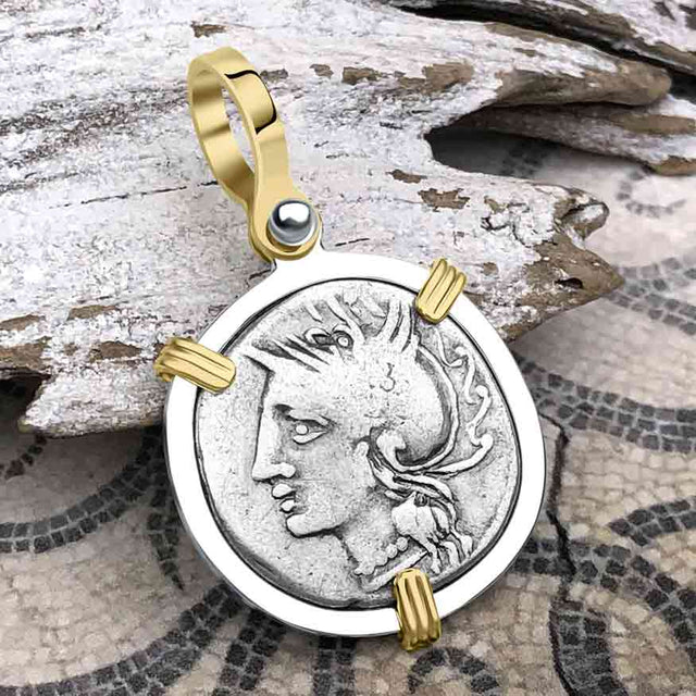 Roman Republic Silver Denarius 104 BC Roma & Saturn 14K Gold & Sterling Silver Pendant