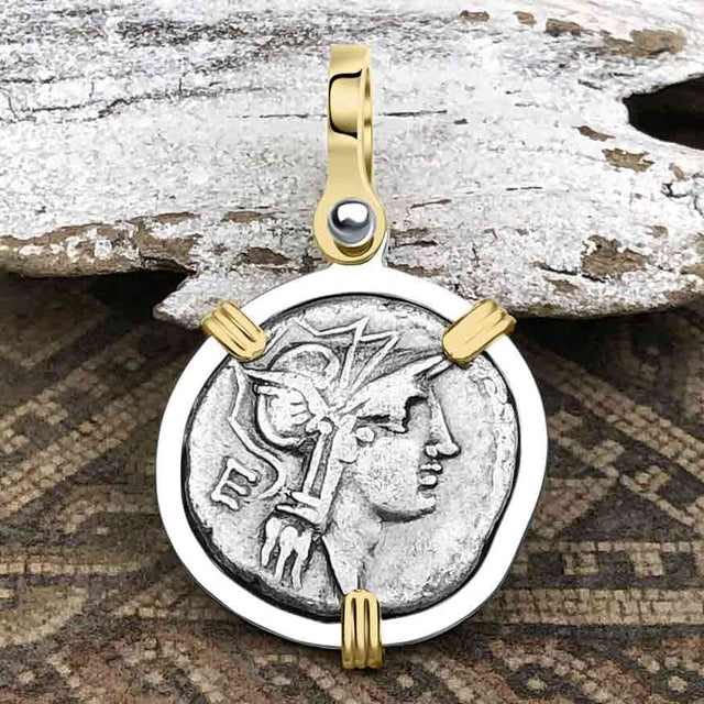 Roman Republic Silver Denarius 91 BC Roma & Victory 14K Gold and Sterling Silver Pendant