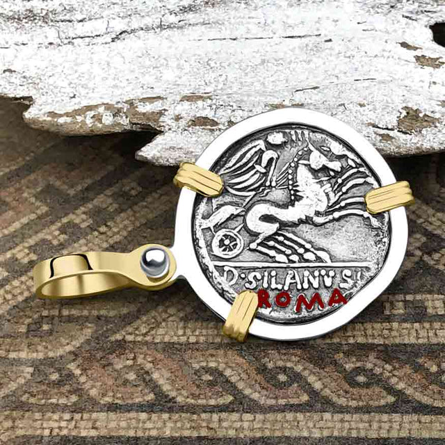 Roman Republic Silver Denarius 91 BC Roma & Victory 14K Gold and Sterling Silver Pendant
