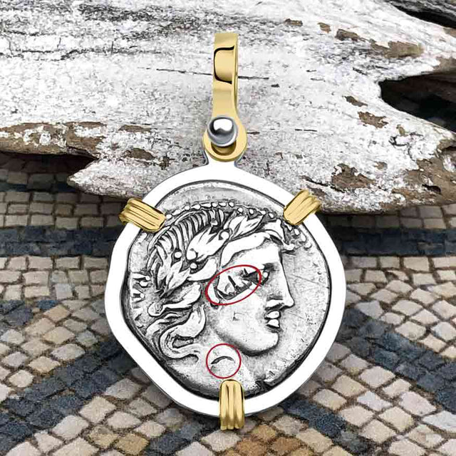 Roman Republic Silver Denarius 90 BC Apollo and Minerva 14K Gold and Sterling Silver Pendant