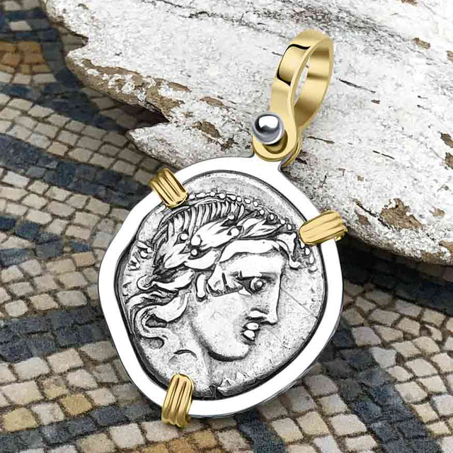 Roman Republic Silver Denarius 90 BC Apollo and Minerva 14K Gold and Sterling Silver Pendant