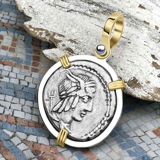 Roman Republic Silver Denarius 85 BC Apollo and Victory 14K Gold and Sterling Silver Pendant