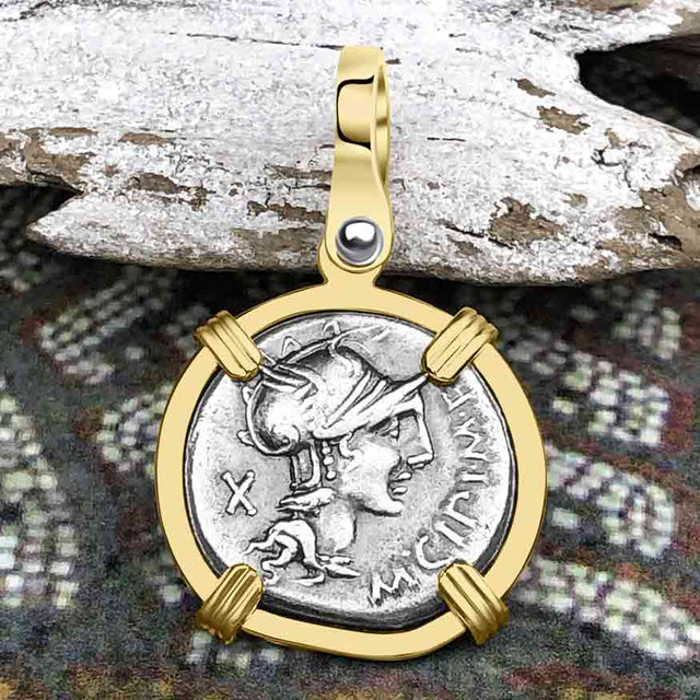 Roman Republic Silver Denarius 115 BC Roma & Victory 14K Gold Pendant