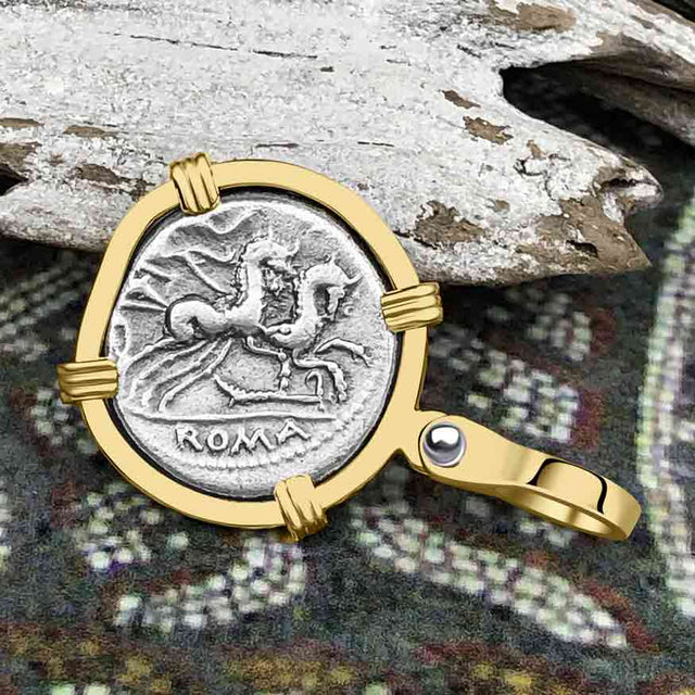 Roman Republic Silver Denarius 115 BC Roma & Victory 14K Gold Pendant | Artifact #4430