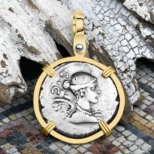 Roman Republic Silver Denarius 46 BC Victory 14K Gold Pendant