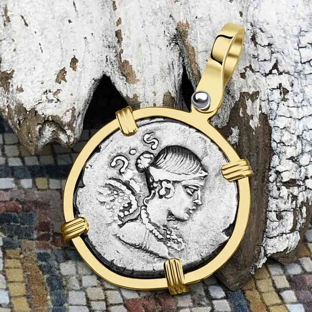 Roman Republic Silver Denarius 46 BC Victory 14K Gold Pendant