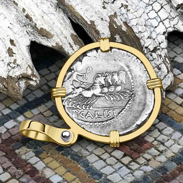 Roman Republic Silver Denarius 46 BC Victory 14K Gold Pendant