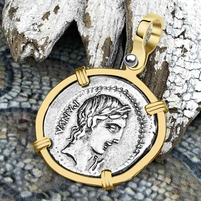 Roman Republic Silver Denarius 90 BC Apollo and Minerva 14K Gold Pendant | Artifact #4432