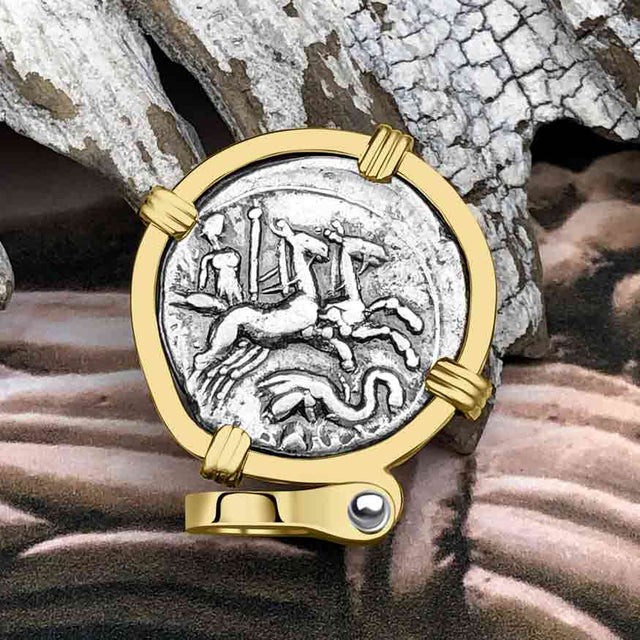 Roman Republic Silver Denarius 128 BC Roma 14K Gold Pendant