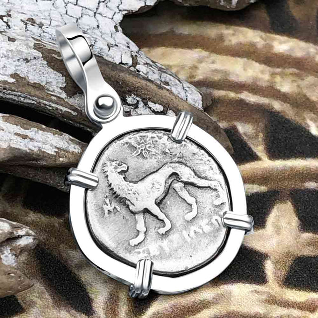 Ancient Greek Lion & Apollo Miletos Silver Drachm 350 BC Sterling Silver Pendant