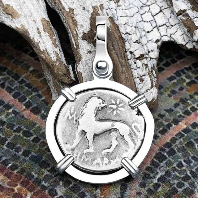 Ancient Greek Lion & Apollo Miletos Silver Drachm 350 BC Sterling Silver Pendant