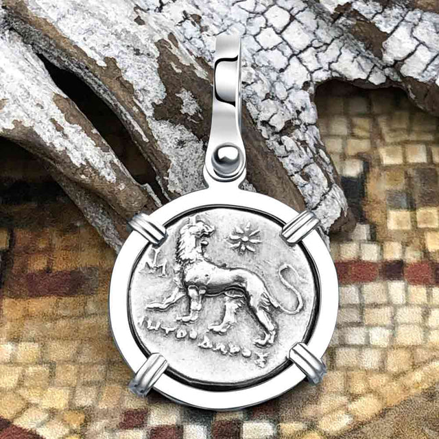 Ancient Greek Lion & Apollo Miletos Silver Drachm 350 BC 14K White Gold Pendant