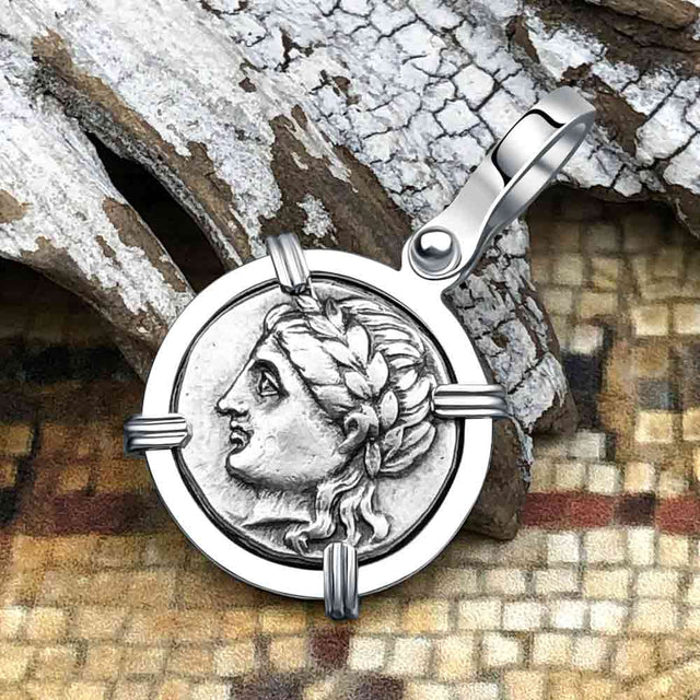 Ancient Greek Lion & Apollo Miletos Silver Drachm 350 BC 14K White Gold Pendant