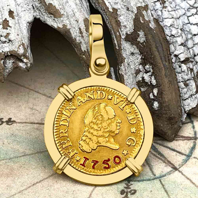 1750 Spanish Gold Portrait Half Escudo - the Legendary Pirate Era Doubloon - 18K Gold Pendant