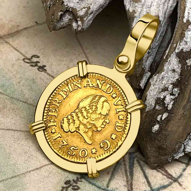 1750 Spanish Gold Portrait Half Escudo - the Legendary Pirate Era Doubloon - 18K Gold Pendant