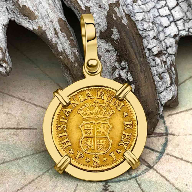 1750 Spanish Gold Portrait Half Escudo - the Legendary Pirate Era Doubloon - 18K Gold Pendant