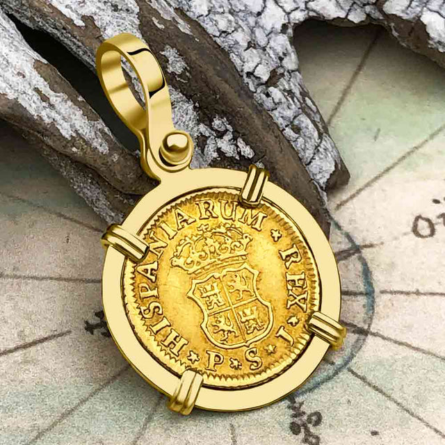 1750 Spanish Gold Portrait Half Escudo - the Legendary Pirate Era Doubloon - 18K Gold Pendant