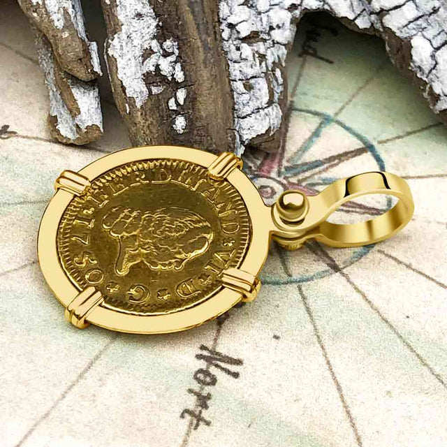 1750 Spanish Gold Portrait Half Escudo - the Legendary Pirate Era Doubloon - 18K Gold Pendant