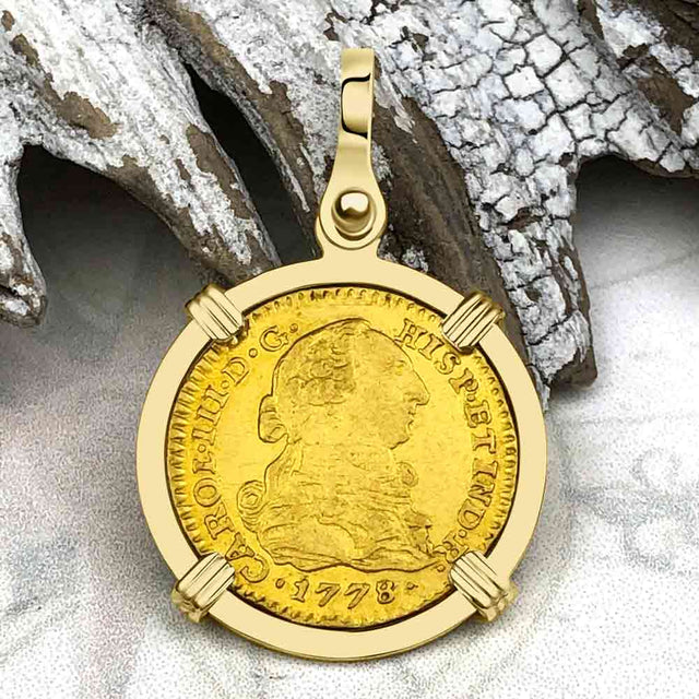 1778 Spanish Gold Portrait One Escudo - the Legendary Pirate Era Doubloon - 18K Gold Pendant