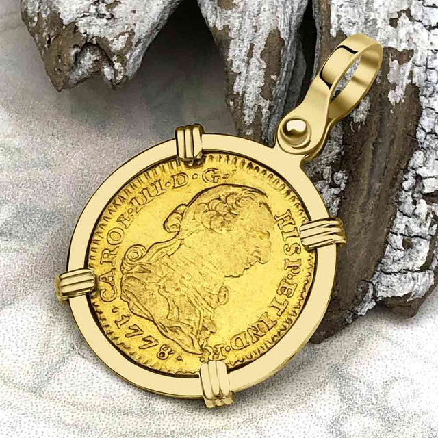 1778 Spanish Gold Portrait One Escudo - the Legendary Pirate Era Doubloon - 18K Gold Pendant