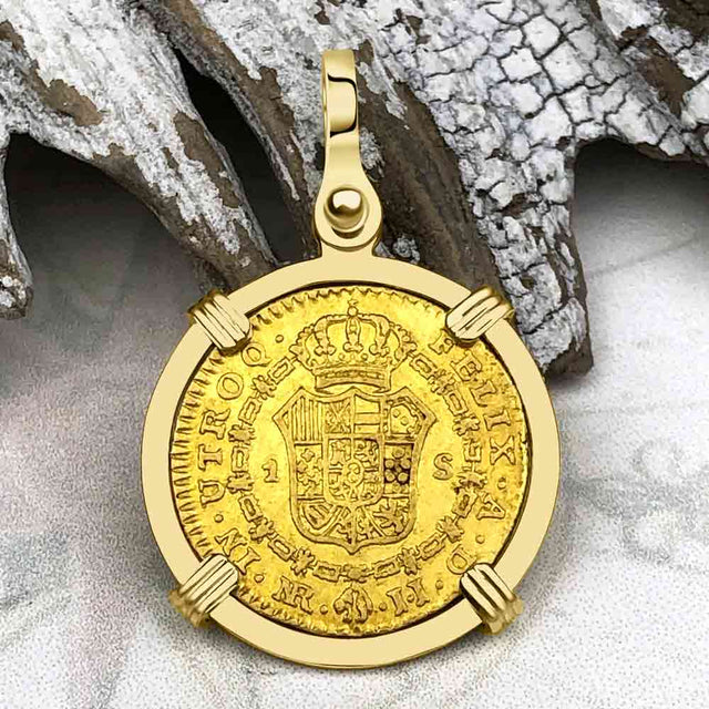 1778 Spanish Gold Portrait One Escudo - the Legendary Pirate Era Doubloon - 18K Gold Pendant