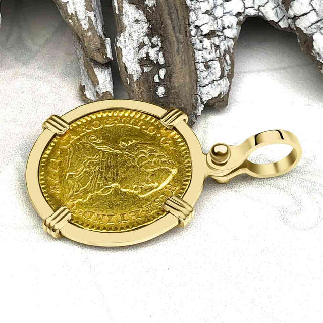 1778 Spanish Gold Portrait One Escudo - the Legendary Pirate Era Doubloon - 18K Gold Pendant