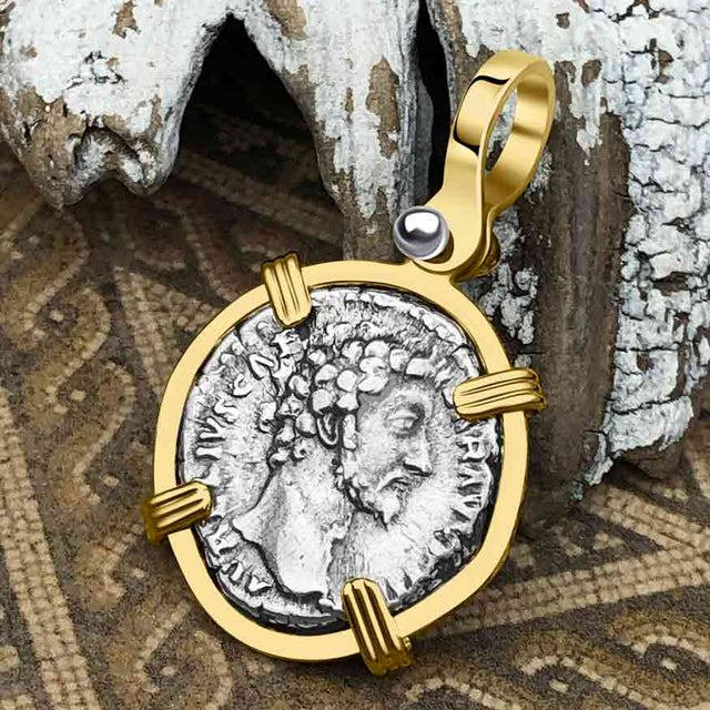 Roman Empire Silver Denarius Coin of Marcus Aurelius, the Philosopher Warrior 153 AD 14K Gold Pendant