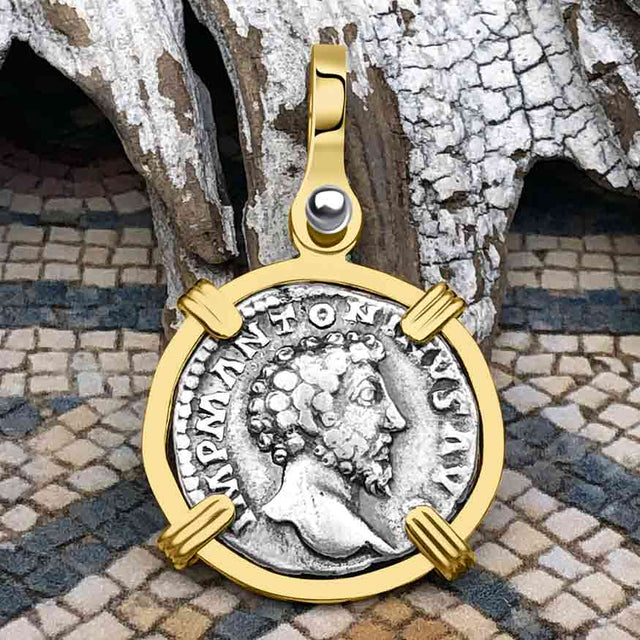 Roman Empire Silver Denarius Coin of Marcus Aurelius, the Philosopher Warrior 161 AD 14K Gold Pendant