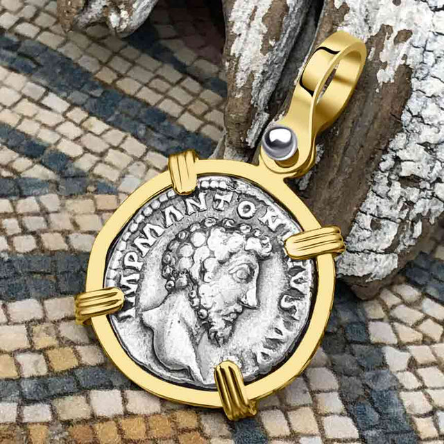 Roman Empire Silver Denarius Coin of Marcus Aurelius, the Philosopher Warrior 161 AD 14K Gold Pendant