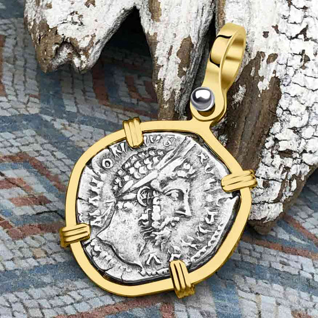 Roman Empire Silver Denarius Coin of Marcus Aurelius, the Philosopher Warrior 170 AD 14K Gold Pendant
