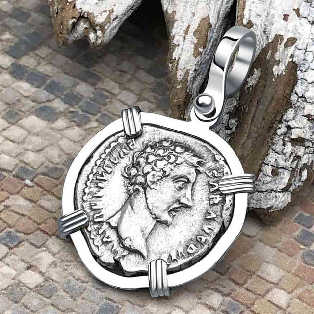 Roman Empire Silver Denarius Coin of Marcus Aurelius, the Philosopher Warrior 151 AD 14K White Gold Pendant