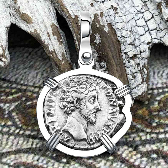 Roman Empire Silver Denarius Coin of Marcus Aurelius, the Philosopher Warrior 157 AD 14K White Gold Pendant