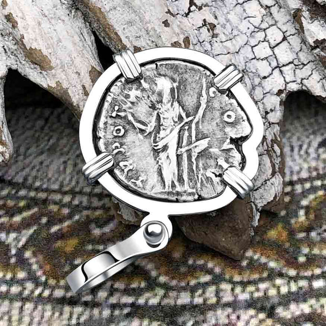 Roman Empire Silver Denarius Coin of Marcus Aurelius, the Philosopher Warrior 157 AD 14K White Gold Pendant