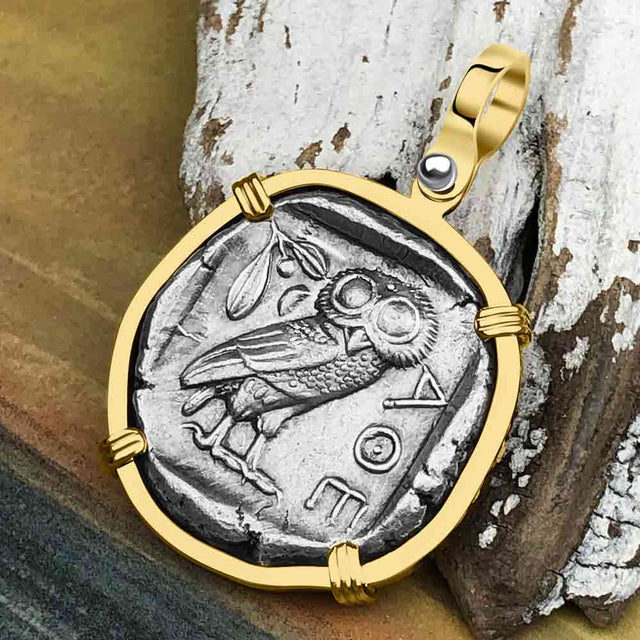 Ancient Greek Athena and the Owl Silver Tetradrachm circa 450 BC RARE Zero-Die 14K Gold Pendant