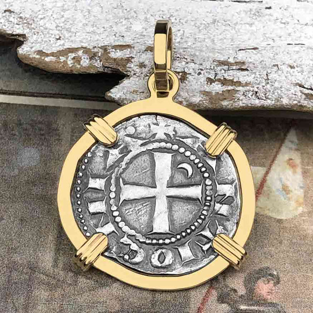 Templar Knights Era Antioch Crusader Medieval Silver Denier - Helmet Head - Coin of the Crusades 14K Gold Pendant