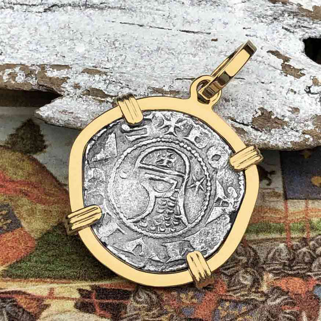 Templar Knights Era Antioch Crusader Medieval Silver Denier - Helmet Head - Coin of the Crusades 14K Gold Pendant