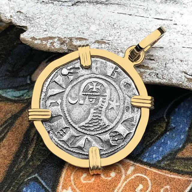 Templar Knights Era Antioch Crusader Medieval Silver Denier - Helmet Head - Coin of the Crusades 14K Gold Pendant
