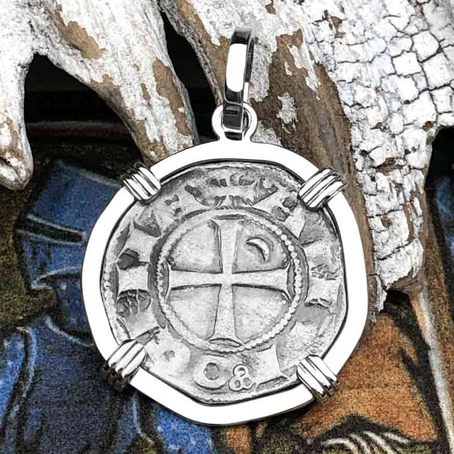 Templar Knights Era Antioch Crusader Medieval Silver Denier - Helmet Head - Coin of the Crusades 14K White Gold Pendant