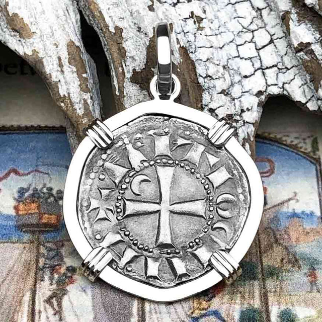 Templar Knights Era Antioch Crusader Medieval Silver Denier - Helmet Head - Coin of the Crusades 14K White Gold Pendant