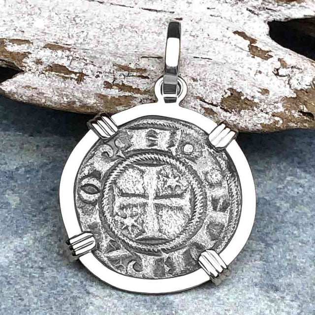 Sicilian Silver Denaro – the Templar-Era Cross and Stars of Medieval Italy 14K White Gold Pendant