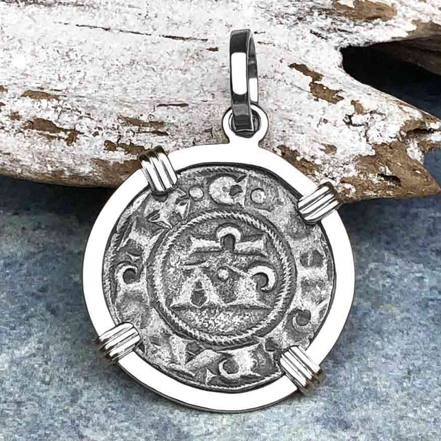 Sicilian Silver Denaro – the Templar-Era Cross and Stars of Medieval Italy 14K White Gold Pendant