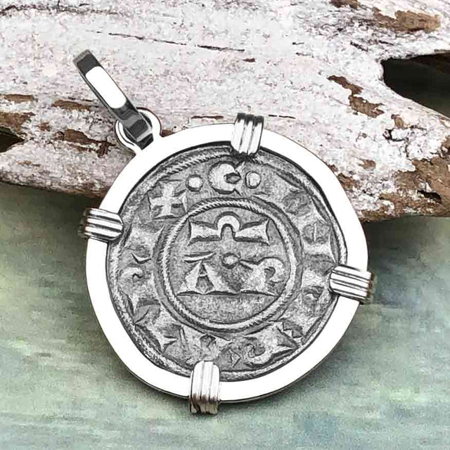 Sicilian Silver Denaro – the Templar-Era Cross and Stars of Medieval Italy 14K White Gold Pendant