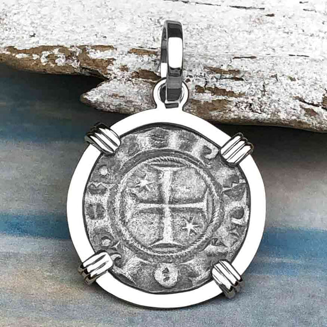 Sicilian Silver Denaro – the Templar-Era Cross and Stars of Medieval Italy 14K White Gold Pendant