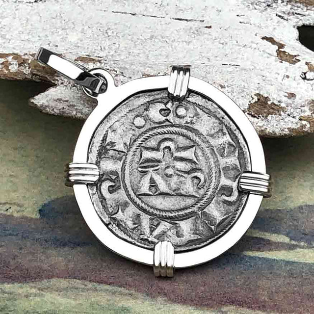 Sicilian Silver Denaro – the Templar-Era Cross and Stars of Medieval Italy 14K White Gold Pendant